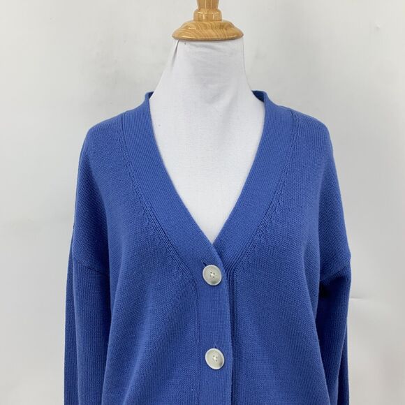 Loft Ann Taylor Cardigan Womens S Small Cadet Blue Cotton Big Button Ribbed Trim - Picture 3 of 14